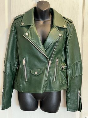 Blank NYC Forest Green Vegan Leather Moto Jacket with Silver Tone Hardware